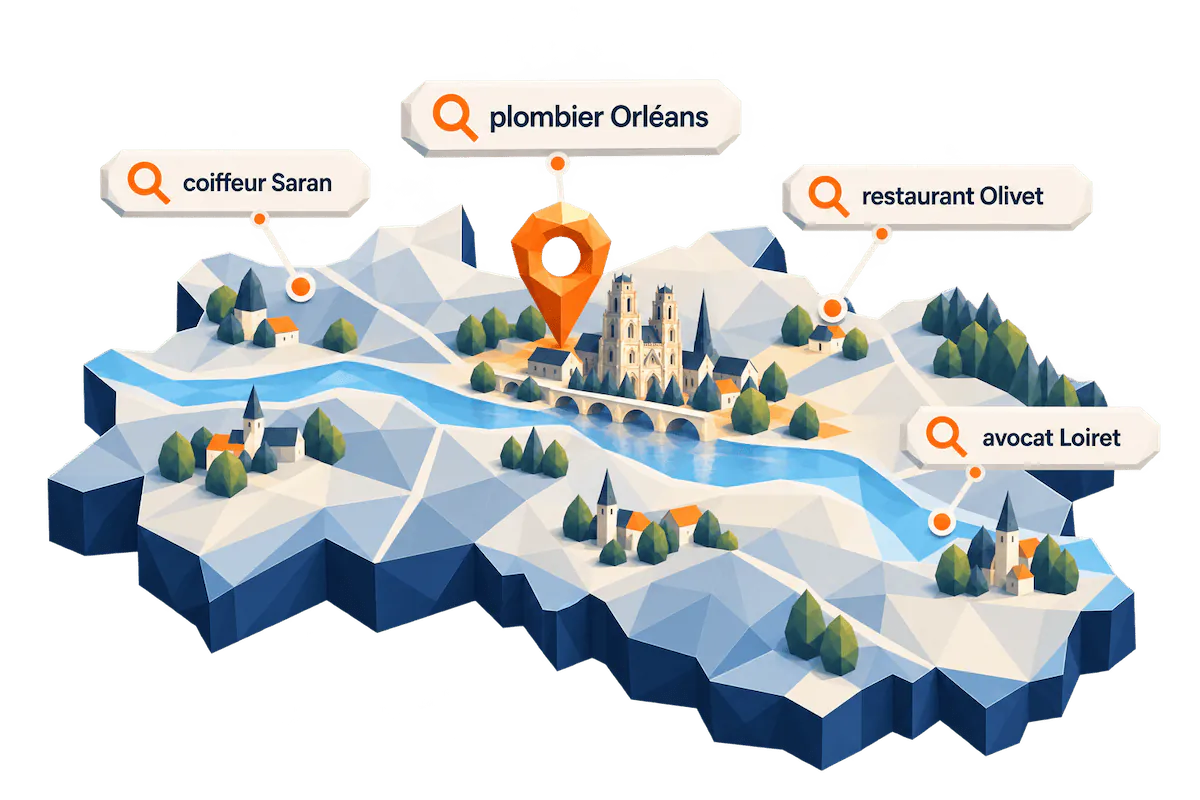 Illustration du référencement local : recherches Google « plombier Orléans », « coiffeur Saran », « restaurant Olivet » et « avocat Loiret » sur une carte du Loiret